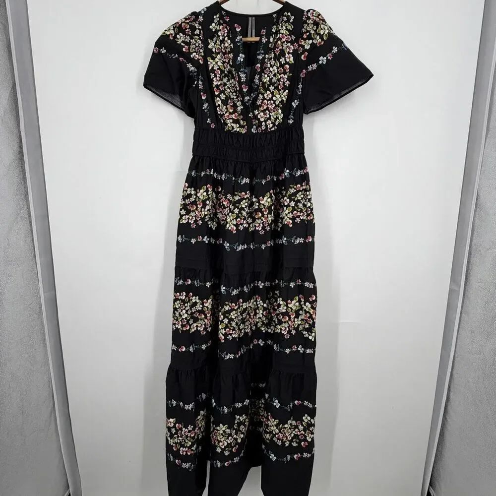 Anthropologie Black The Somerset Floral Tiered Smocked Cotton Maxi Dress Sz XXS